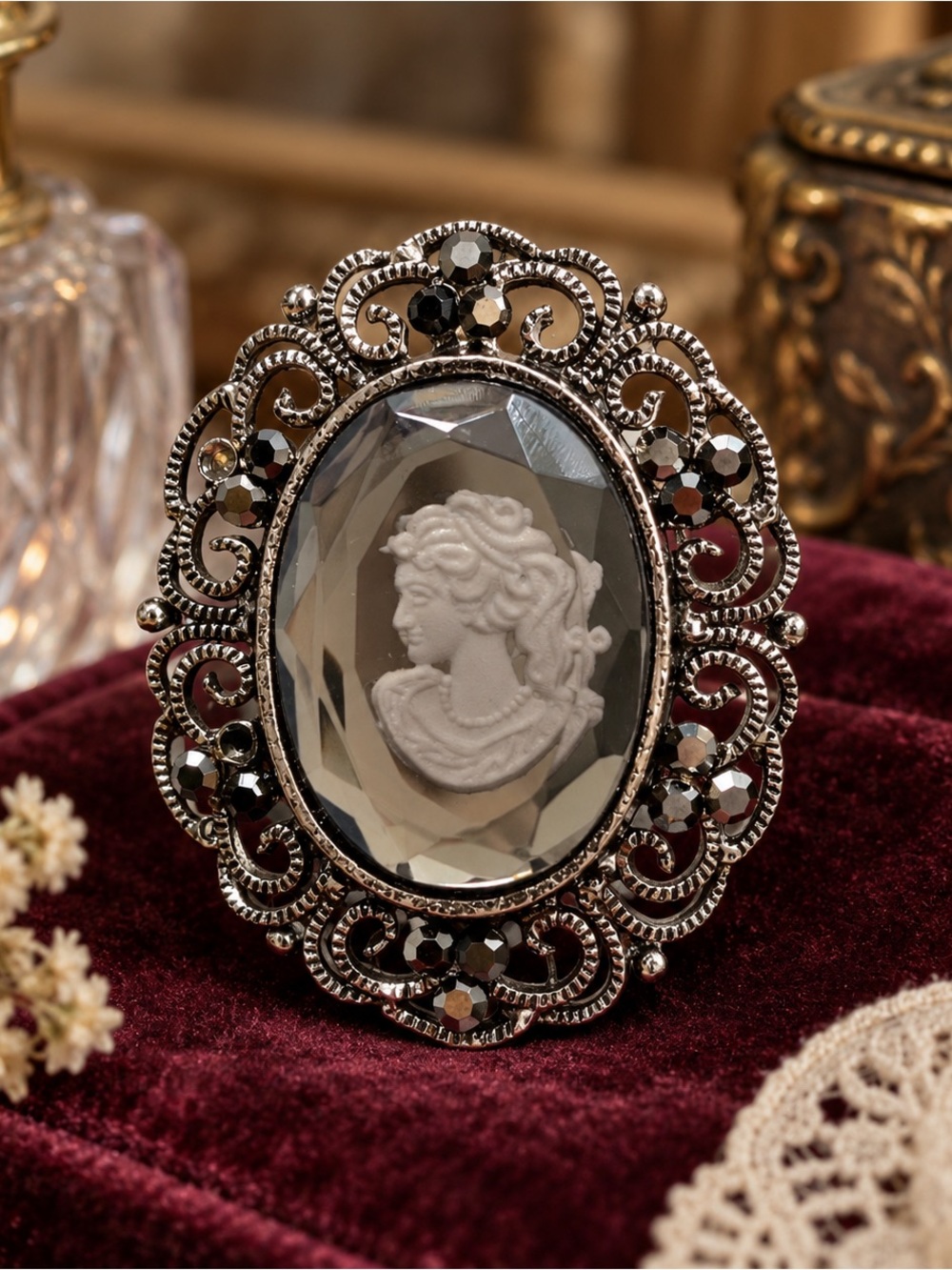 Vintage Glass Cameo Brooch Filigree Rhinestone Victorian Revival Estate